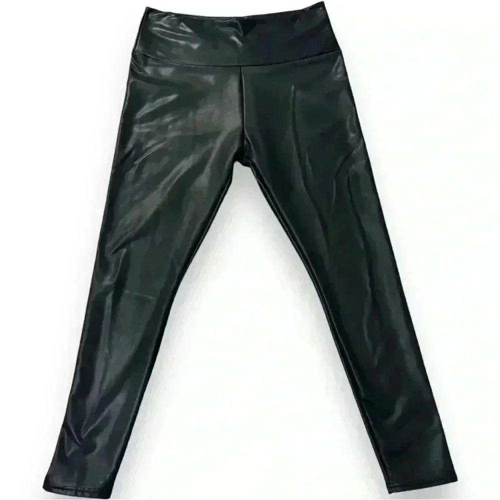 Women’s size XL control top faux leather black stretch lined athletic leggings - Picture 5 of 9